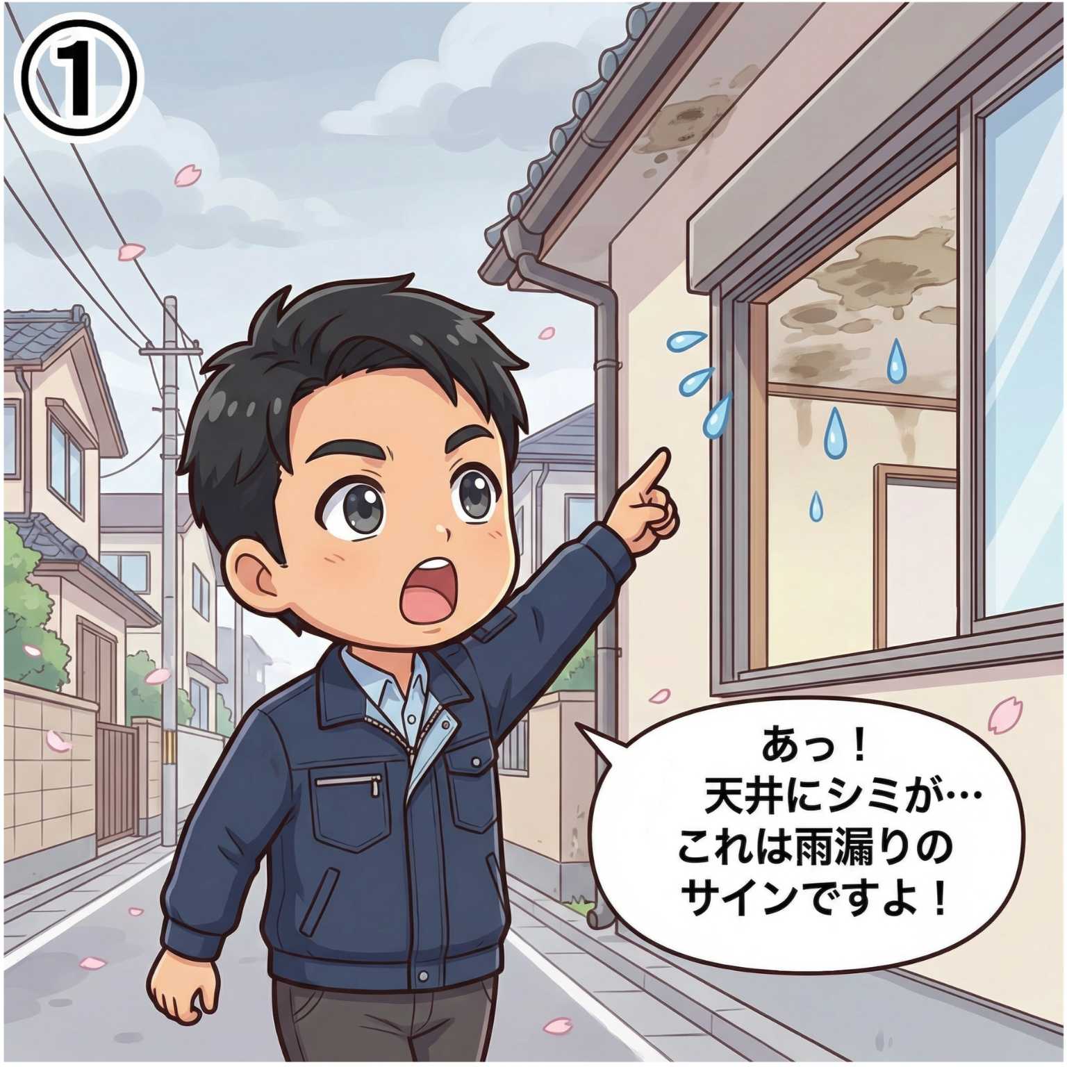 雨漏り診断士が千葉県の住宅街で天井のシミを発見し雨漏りのサインに驚く漫画イラスト