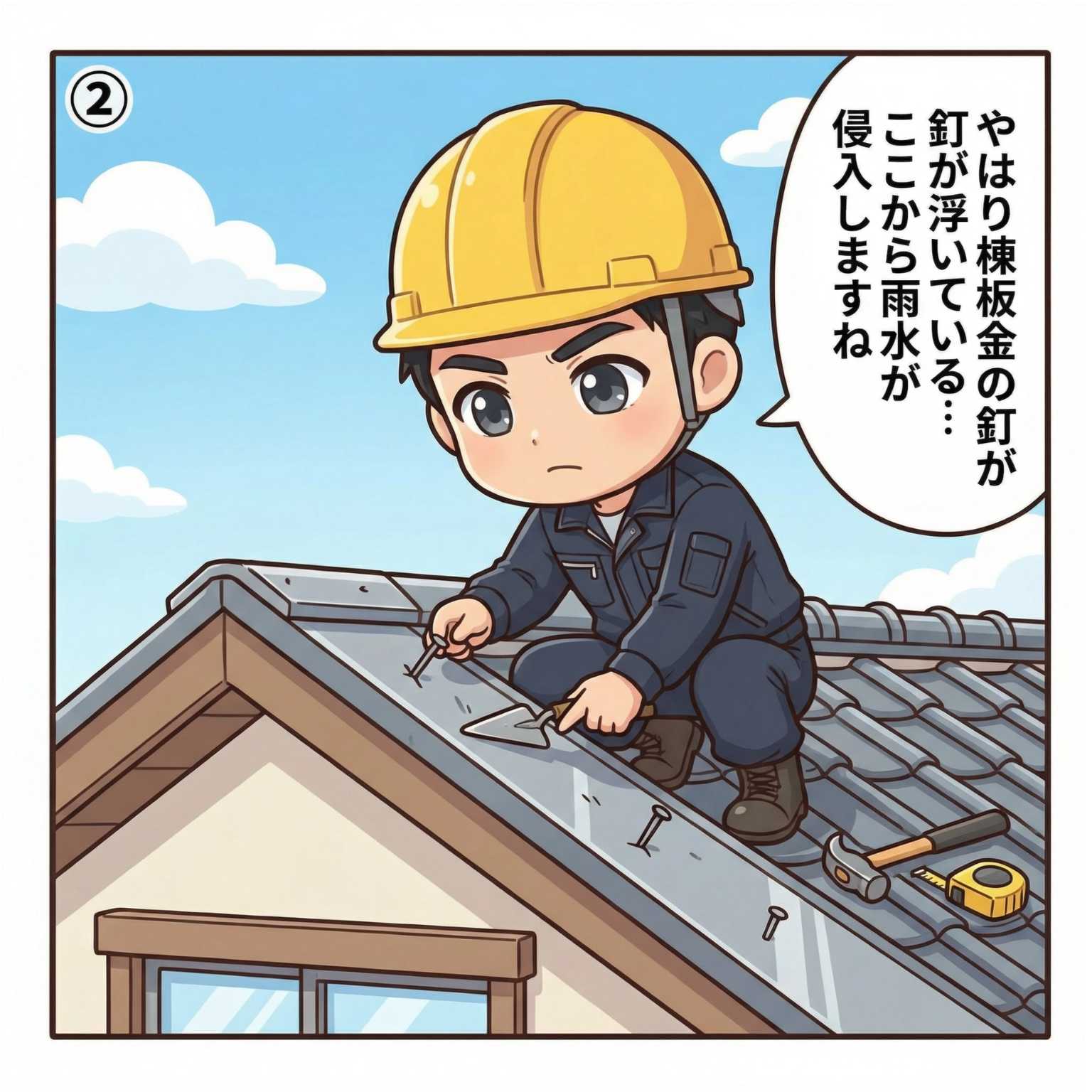 一級建築士がヘルメットをかぶり屋根に上って棟板金の釘浮きを点検する漫画イラスト