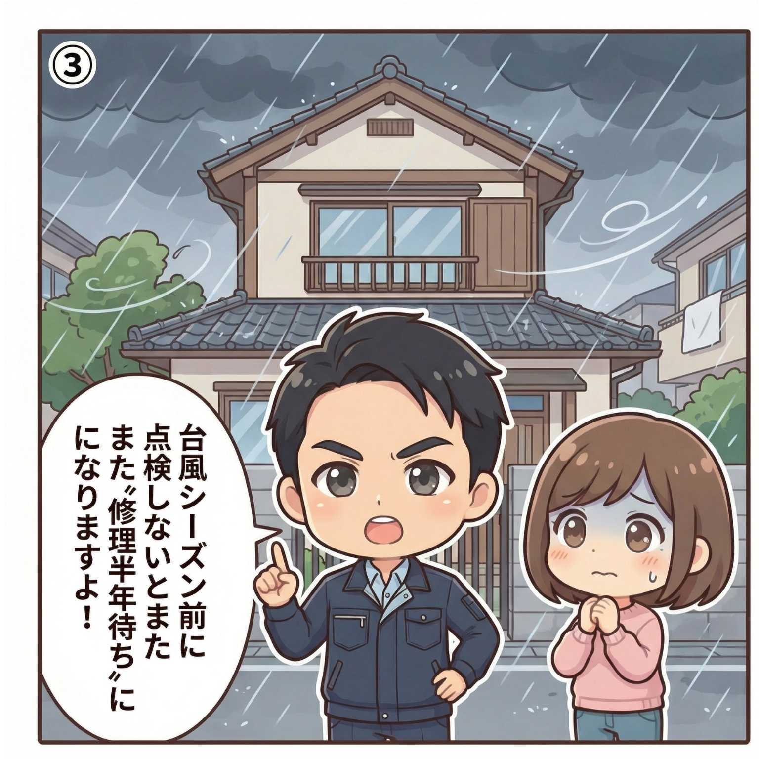雨漏り診断士が台風シーズン前の屋根点検の重要性と修理半年待ちの危険を住民に警告する漫画イラスト