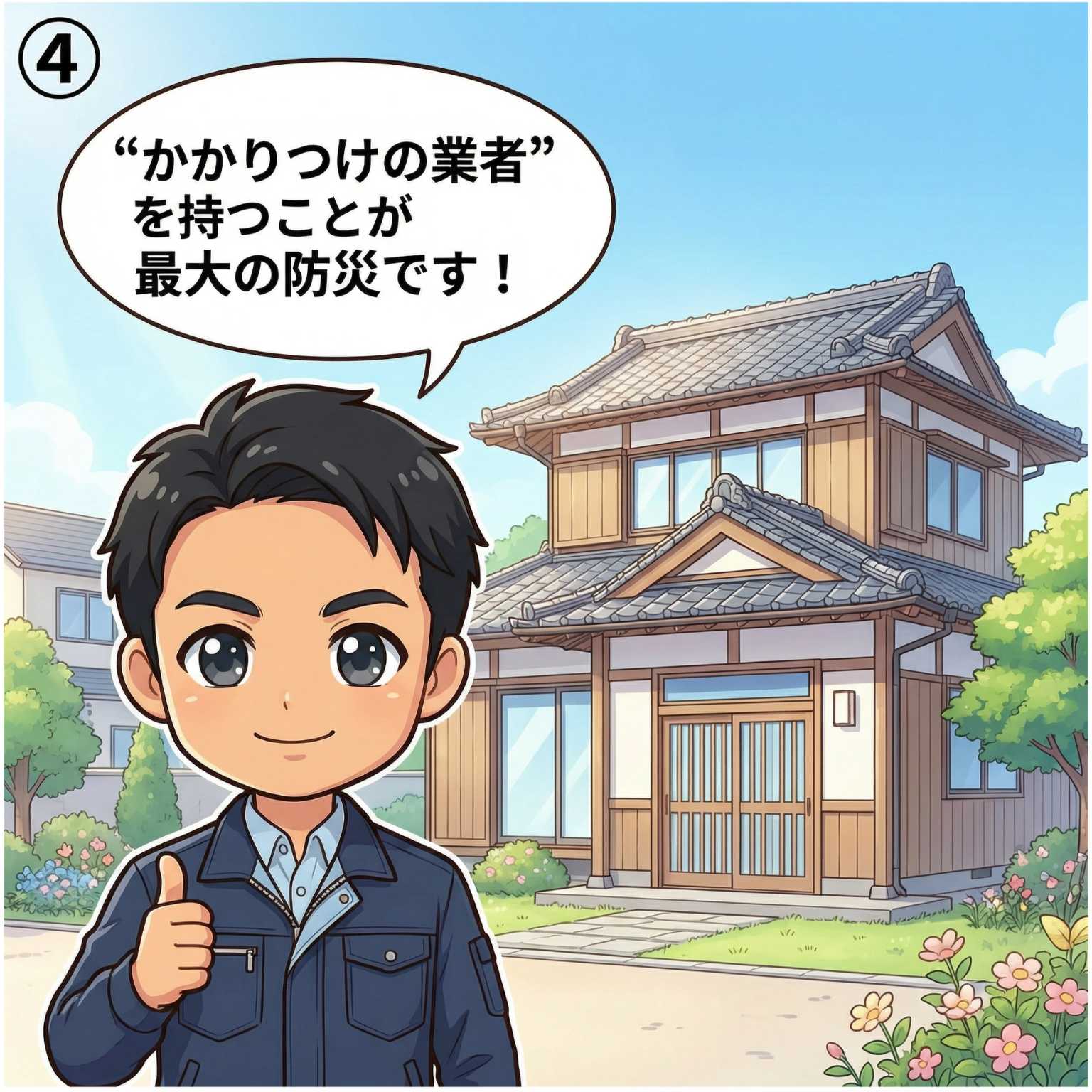 一級建築士がかかりつけの業者を持つことが最大の防災だと笑顔でアドバイスする漫画イラスト